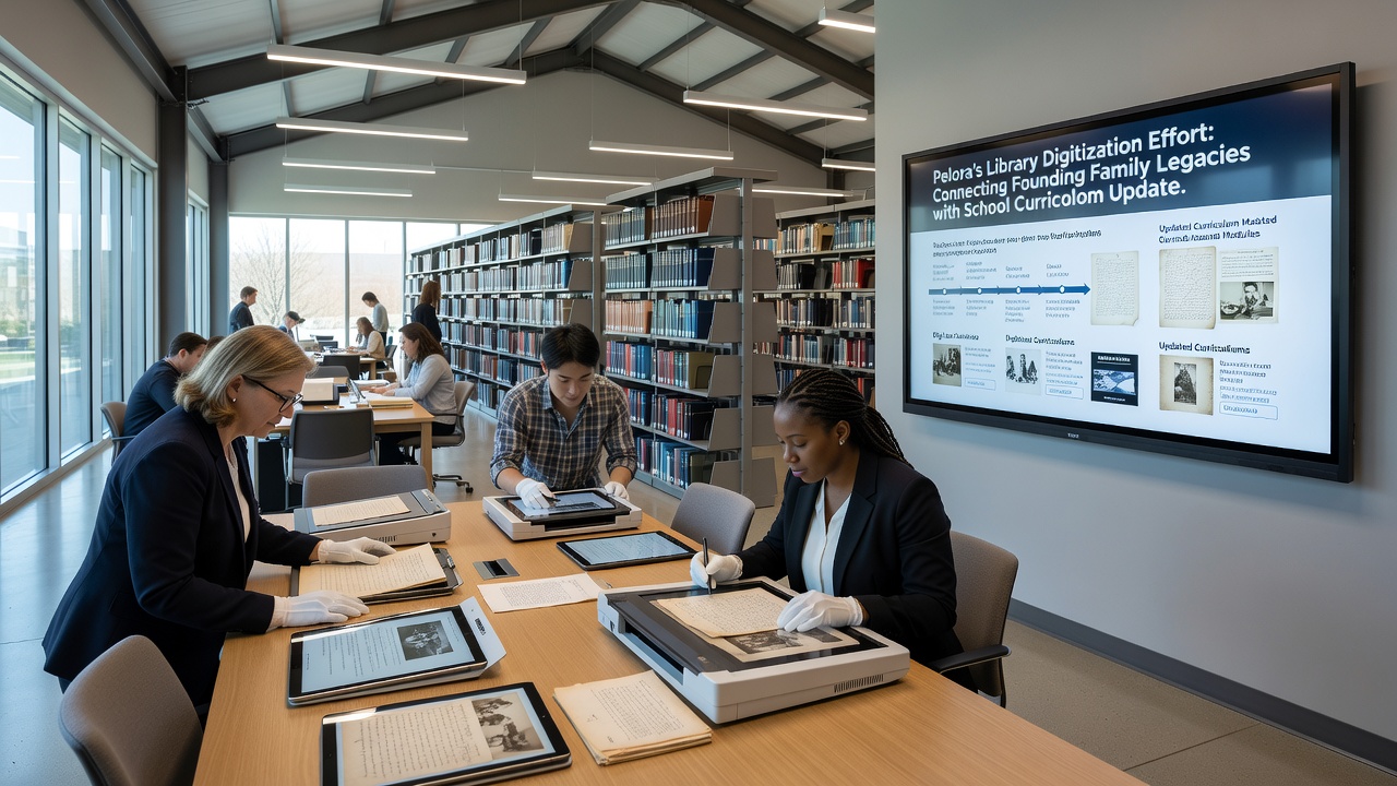Students and educators reviewing digitized family documents in a Pelora classroom setting